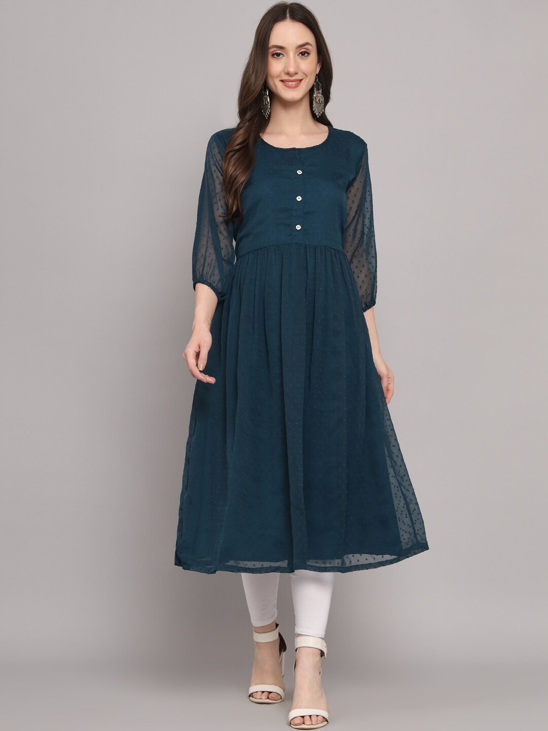 

HERE&NOW Woven Design Round Neck Georgette Kurta, Teal