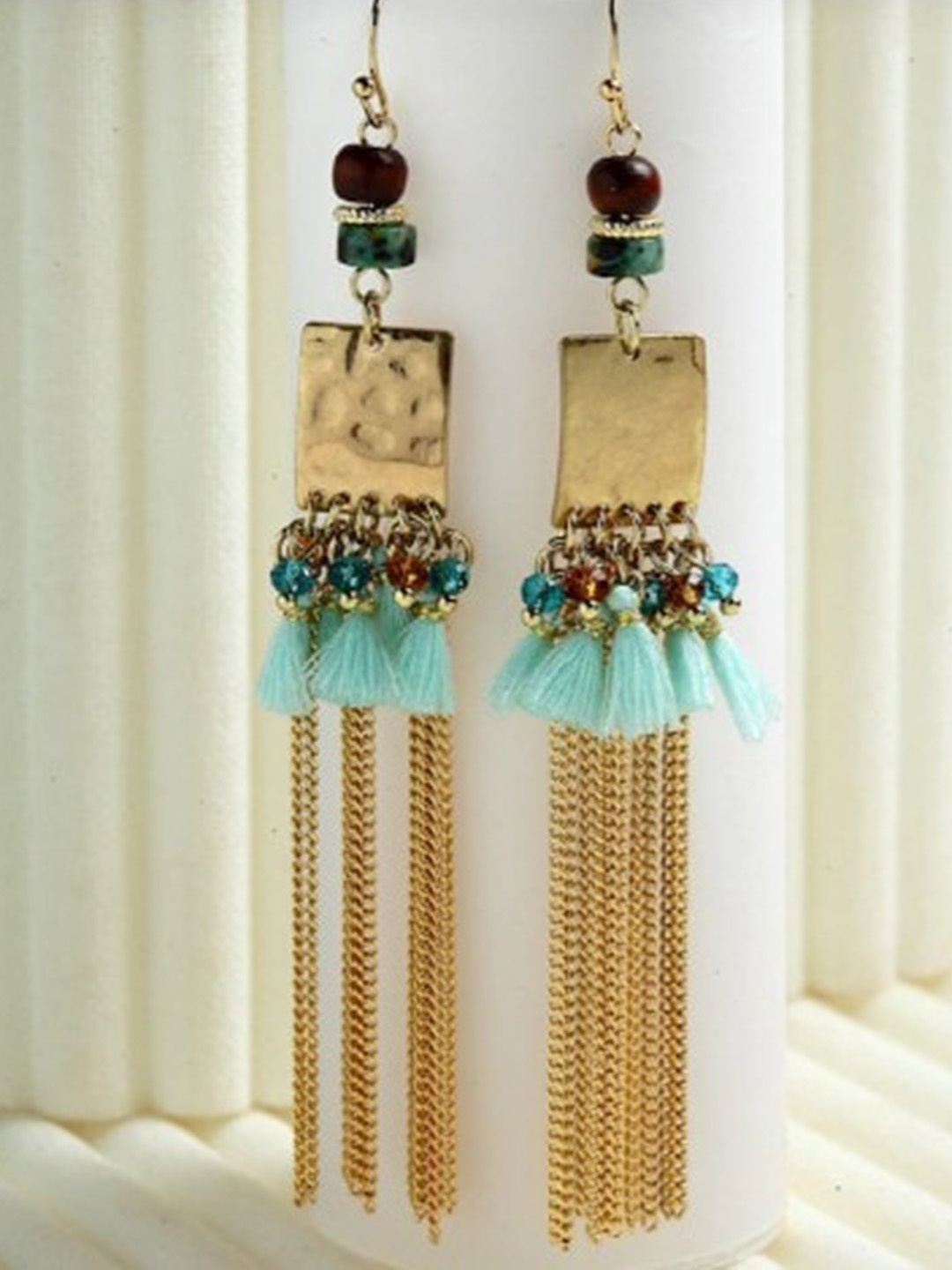 

Wild & Free Gold-Plated Tasselled Artificial Stones Quirky Drop Earrings, Blue