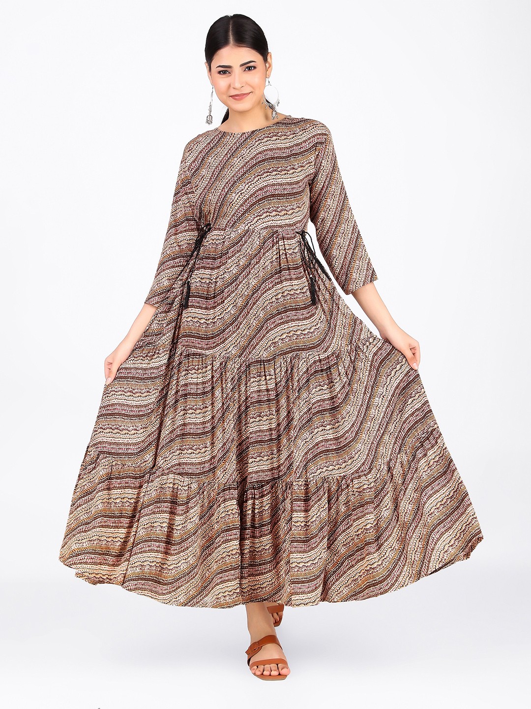 

FNOCKS Beige Ethnic Motifs Layered Maxi Dress