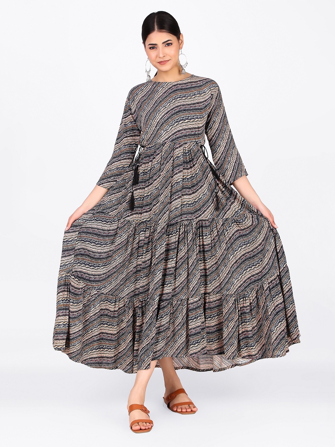 

FNOCKS Blue Ethnic Motifs Layered A-Line Midi Dress