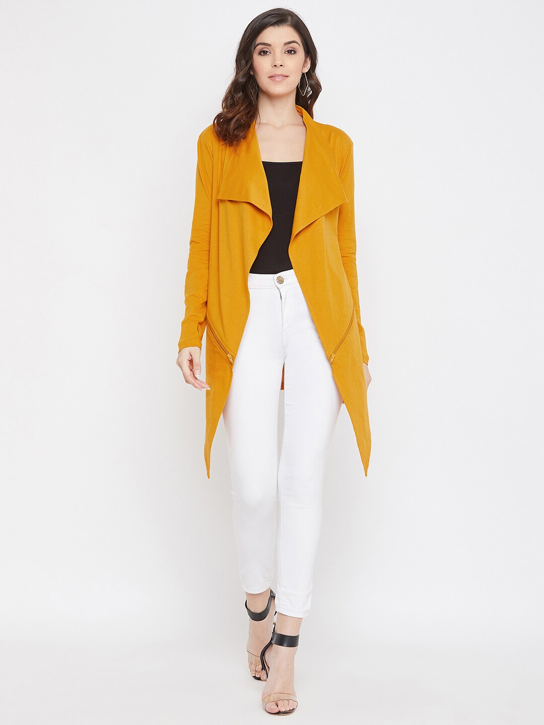 

Hypernation Longline Asymmetric Cotton Waterfall Shrug, Mustard