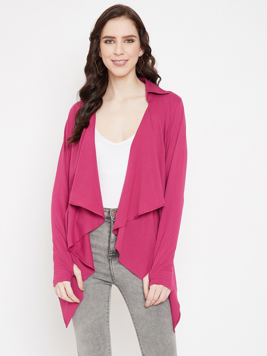 

Hypernation Longline Asymmetric Cotton Waterfall Shrug, Fuchsia