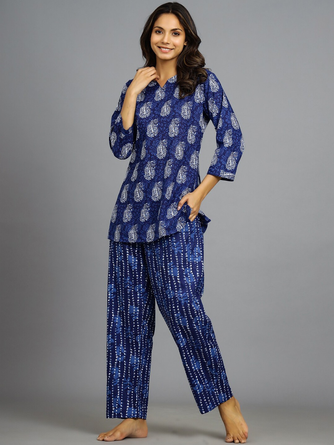 

HANDICRAFT PALACE Ethnic Motifs Printed Pure Cotton Night Suit, Blue