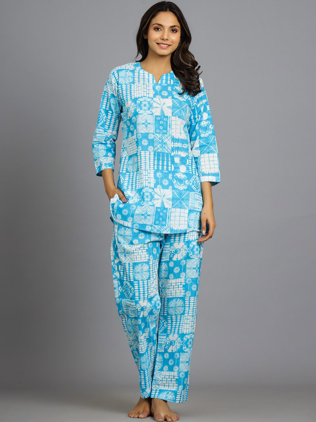 

HANDICRAFT PALACE Geometric Printed Pure Cotton Night Suit, Turquoise blue