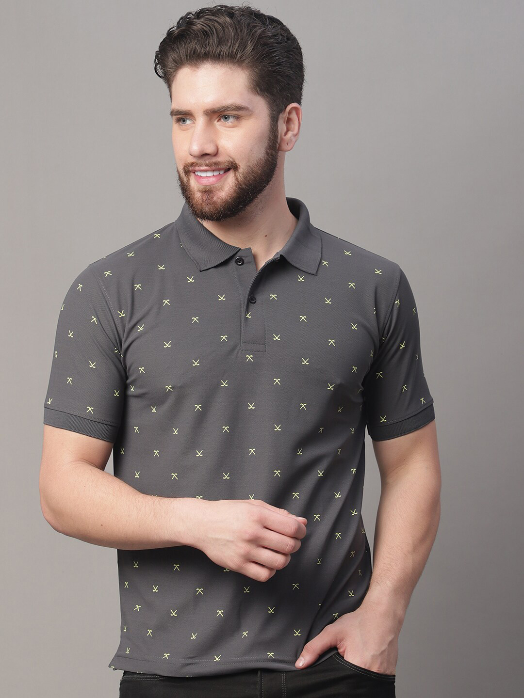 

Obaan Men Grey Printed Polo Collar Extended Sleeves T-shirt