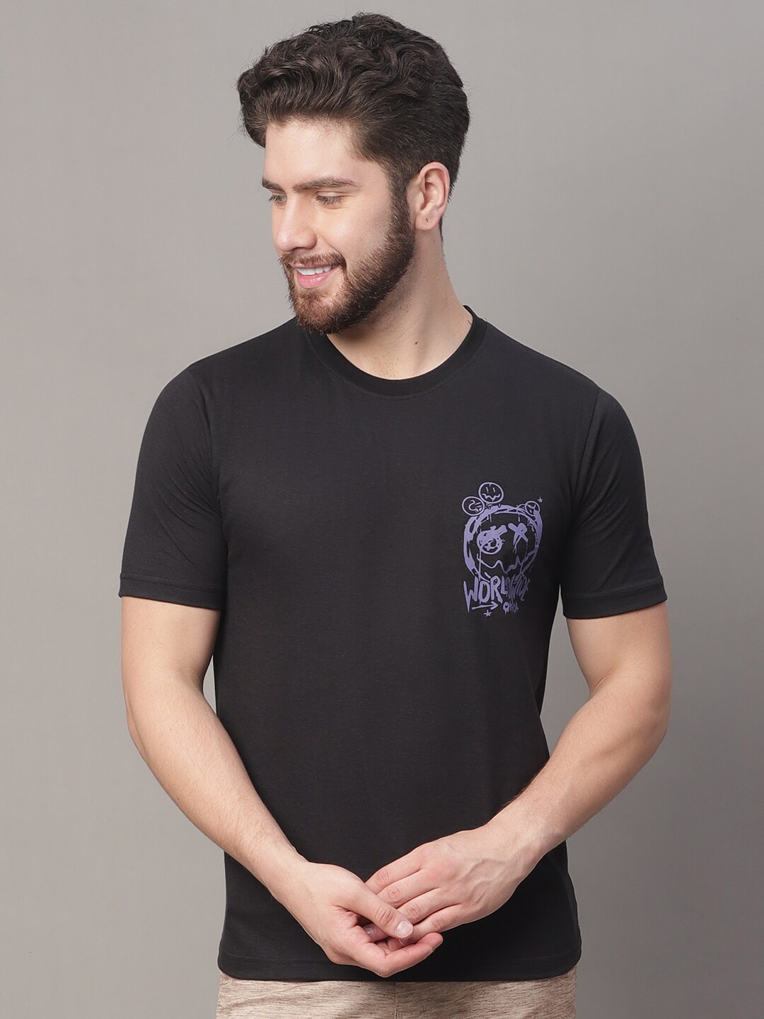 

Obaan Men Black Typography Henley Neck Applique T-shirt