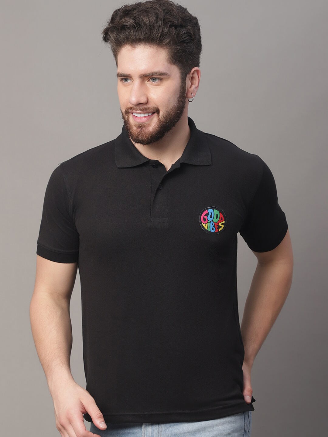 

Obaan Men Black Polo Collar Applique T-shirt