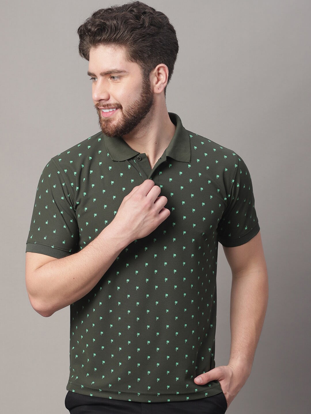 

Obaan Men Olive Green Printed Polo Collar T-shirt