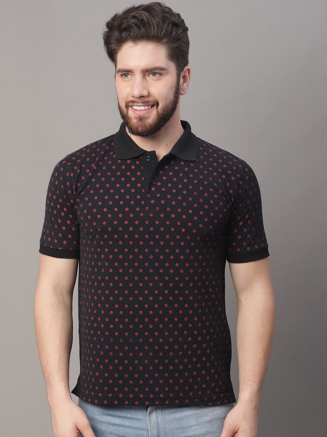 

Obaan Men Black Printed Polo Collar T-shirt