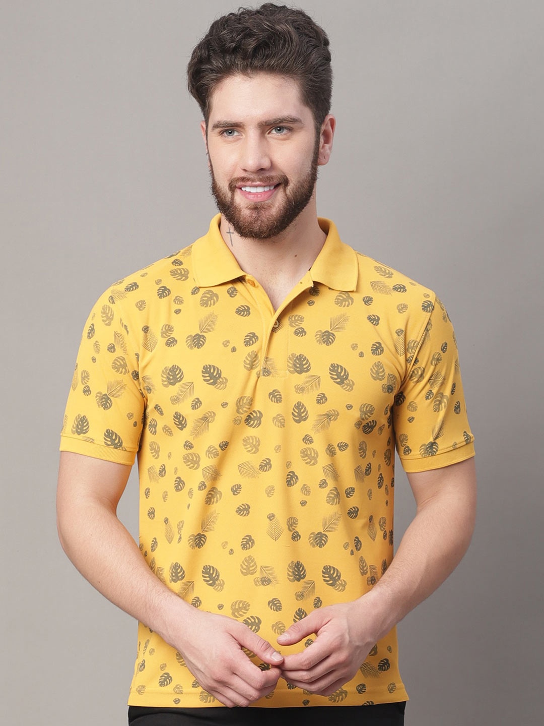 

Obaan Men Mustard Yellow Floral Printed Polo Collar T-shirt