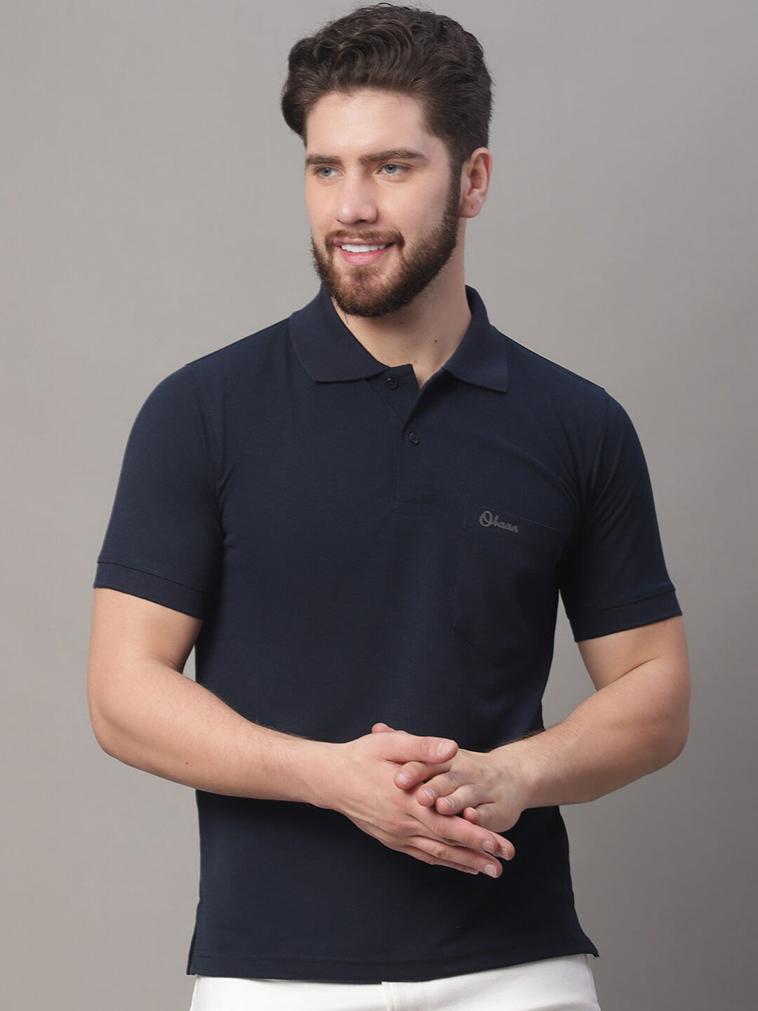 

Obaan Men Navy Blue Polo Collar T-shirt
