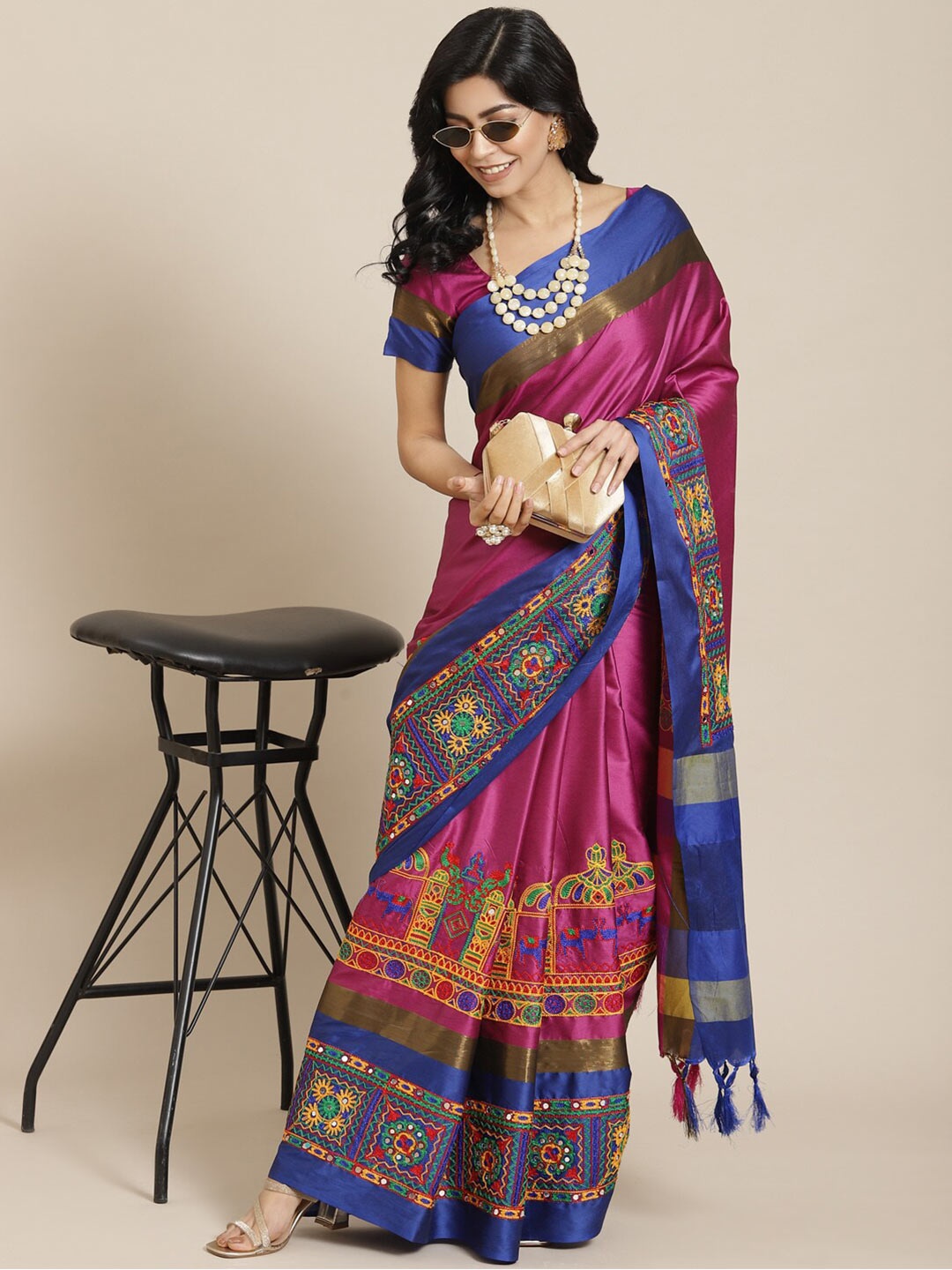 

SERONA FABRICS Ethnic Motifs Embroidered Silk Cotton Saree, Pink