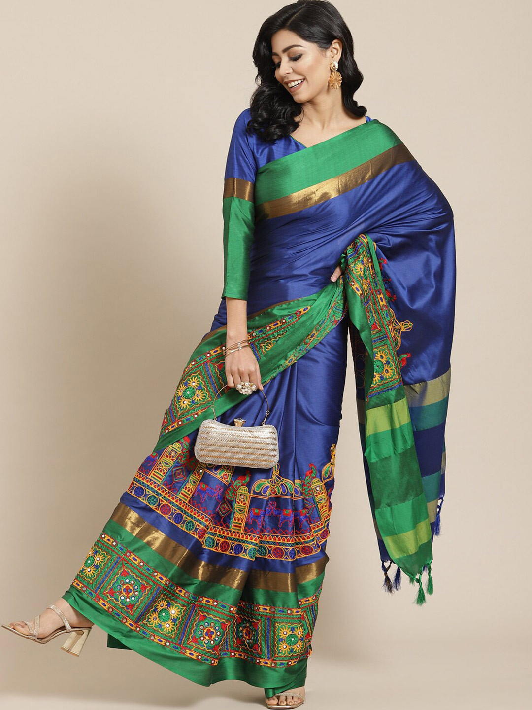 

SERONA FABRICS Ethnic Motifs Embroidered Silk Cotton Saree, Blue