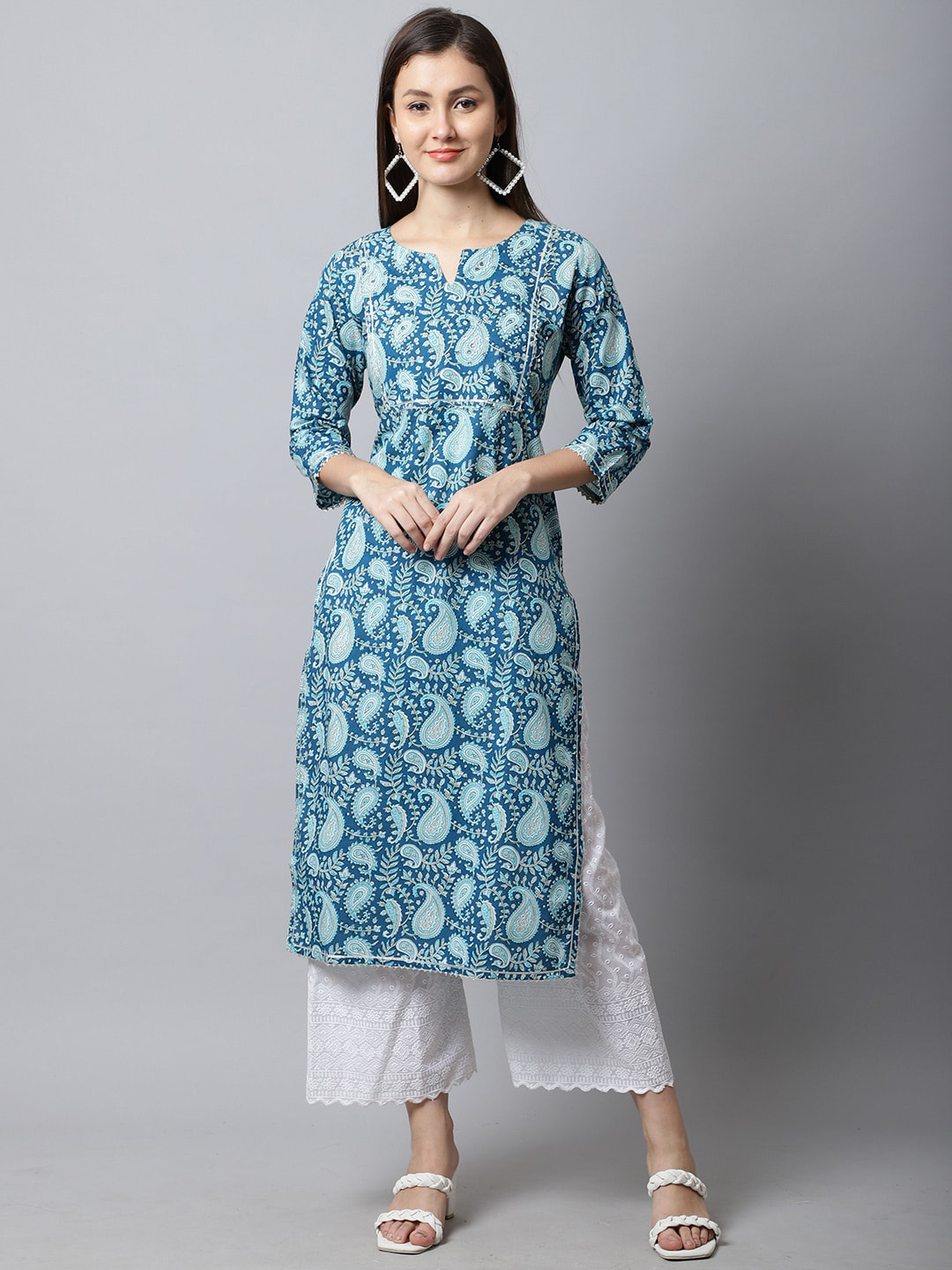 

Rajnandini Paisley Printed Gotta Patti Pure Cotton Straight Kurta, Blue