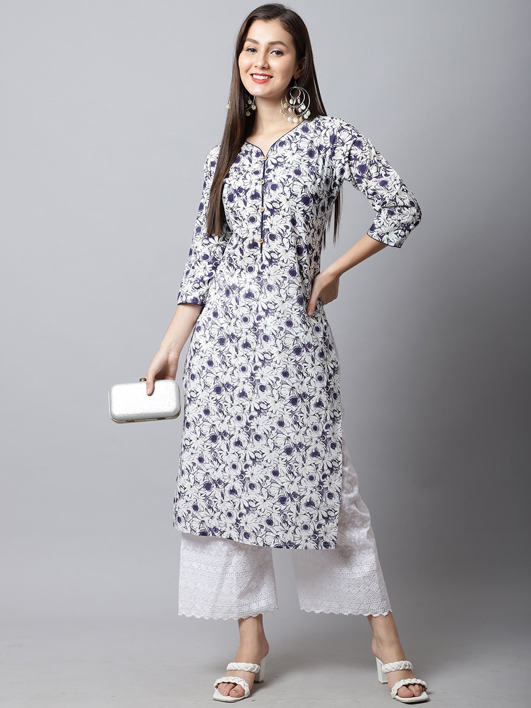 

Rajnandini Floral Printed V-Neck Cotton Kurta, Navy blue
