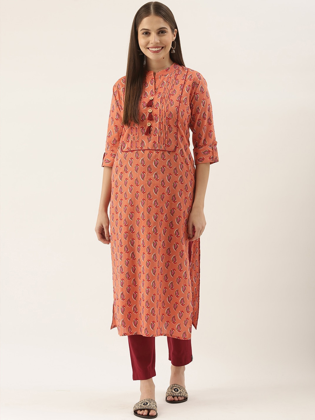 

Rajnandini Ethnic Motiffs Printed Mandarin Collar Pure Cotton Kurta, Orange