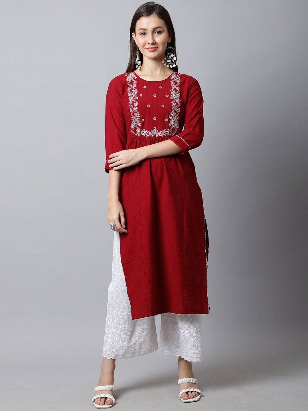 

Rajnandini Floral Yoke Design Thread Work Pure Cotton Kurta, Maroon