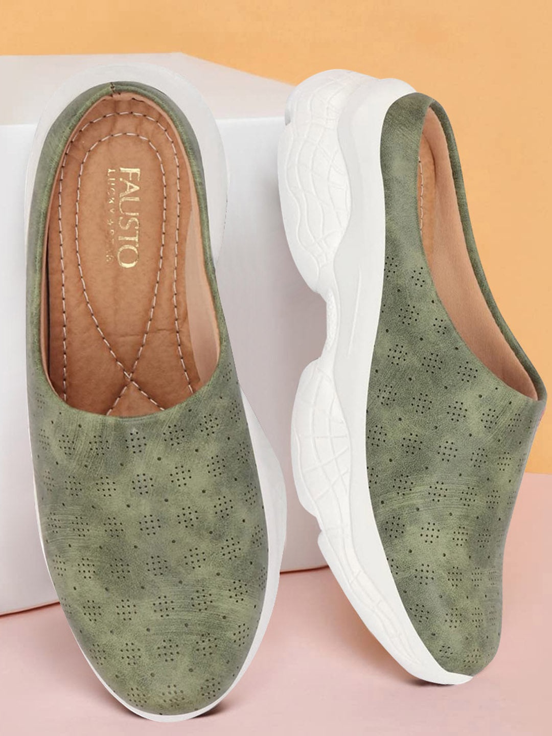 

FAUSTO Women Perforated Lightweight Mule Sneakers, Olive