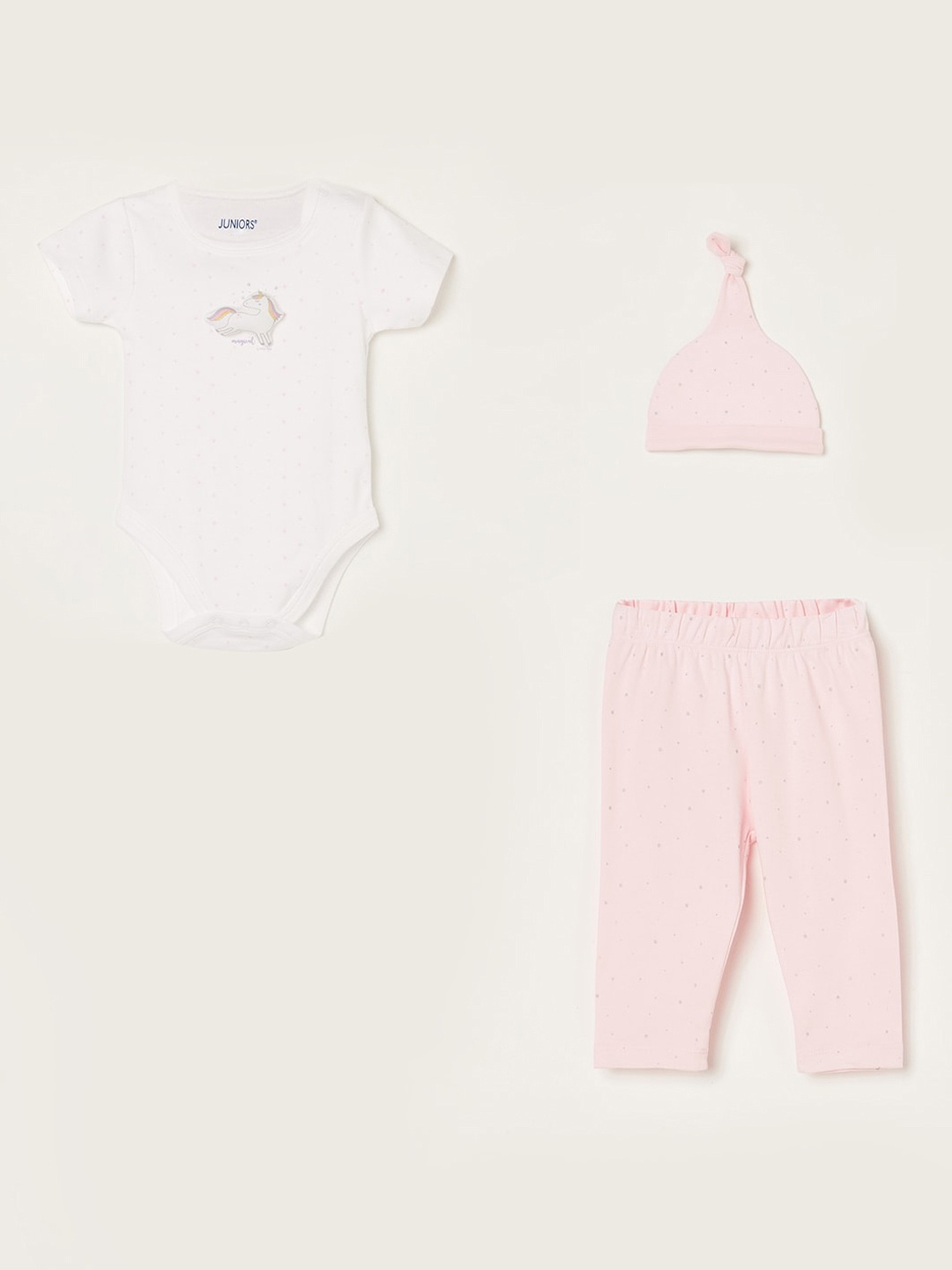 

Juniors by Lifestyle Girls Printed Pure Cotton Rompers & Trousers With Cap, Pink