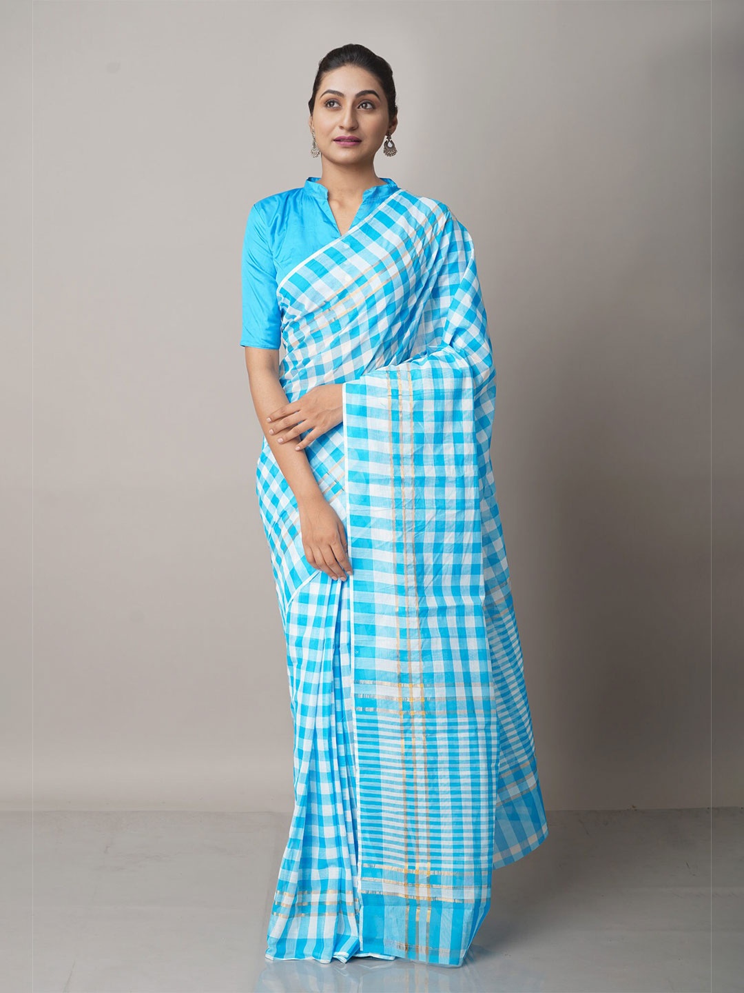 

Unnati Silks Checked Pure Cotton Mangalagiri Saree, Blue