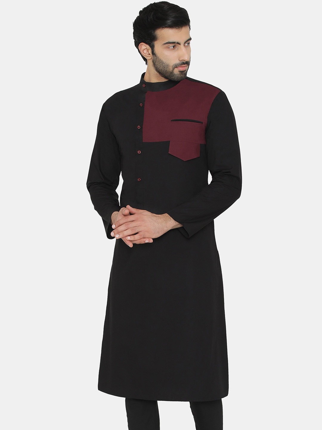 

Raas Colourblocked Mandarin Collar Pure Cotton Kurta, Black