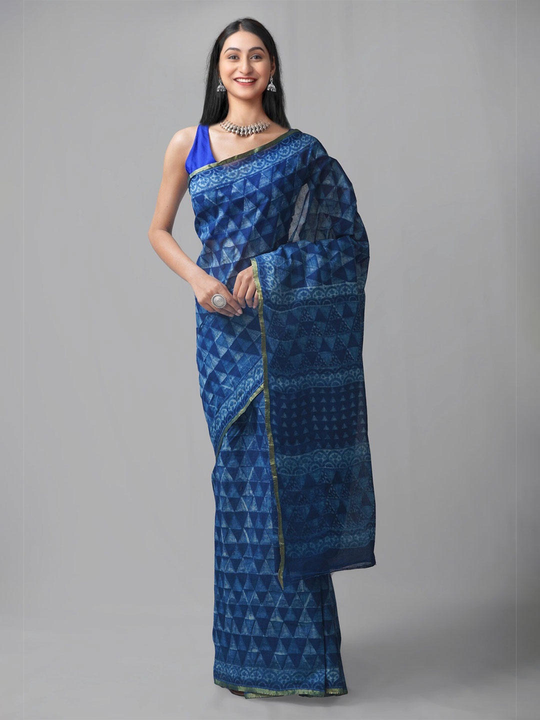 

Unnati Silks Blue & Gold-Toned Dabu Zari Pure Cotton Dabu Saree