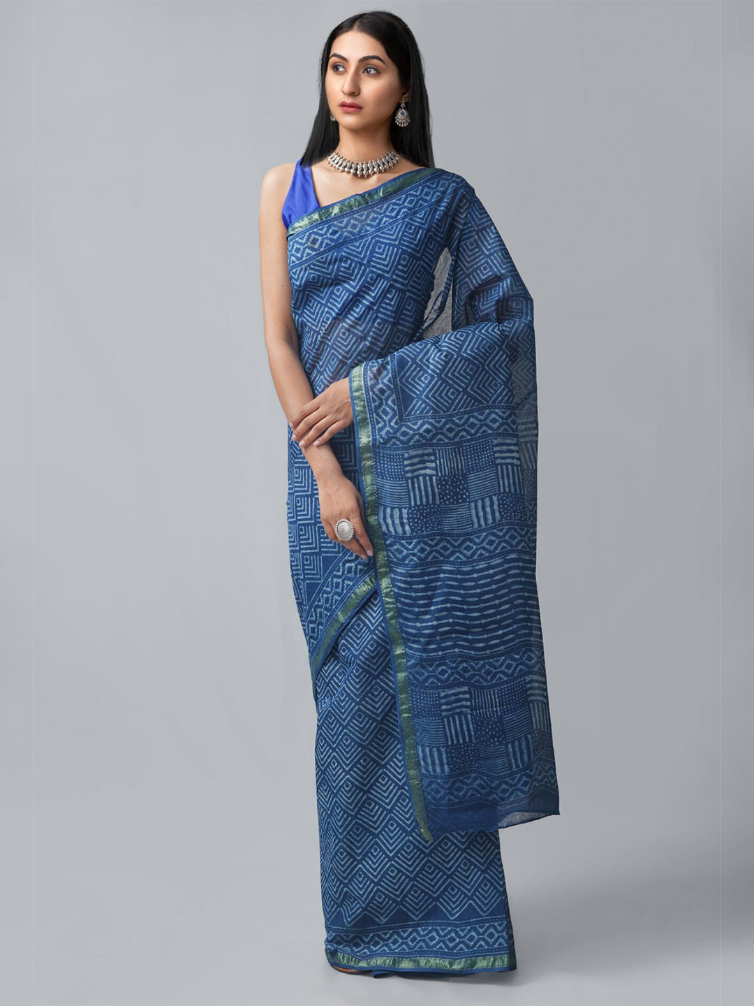 

Unnati Silks Printed Zari Pure Cotton Dabu Saree, Blue