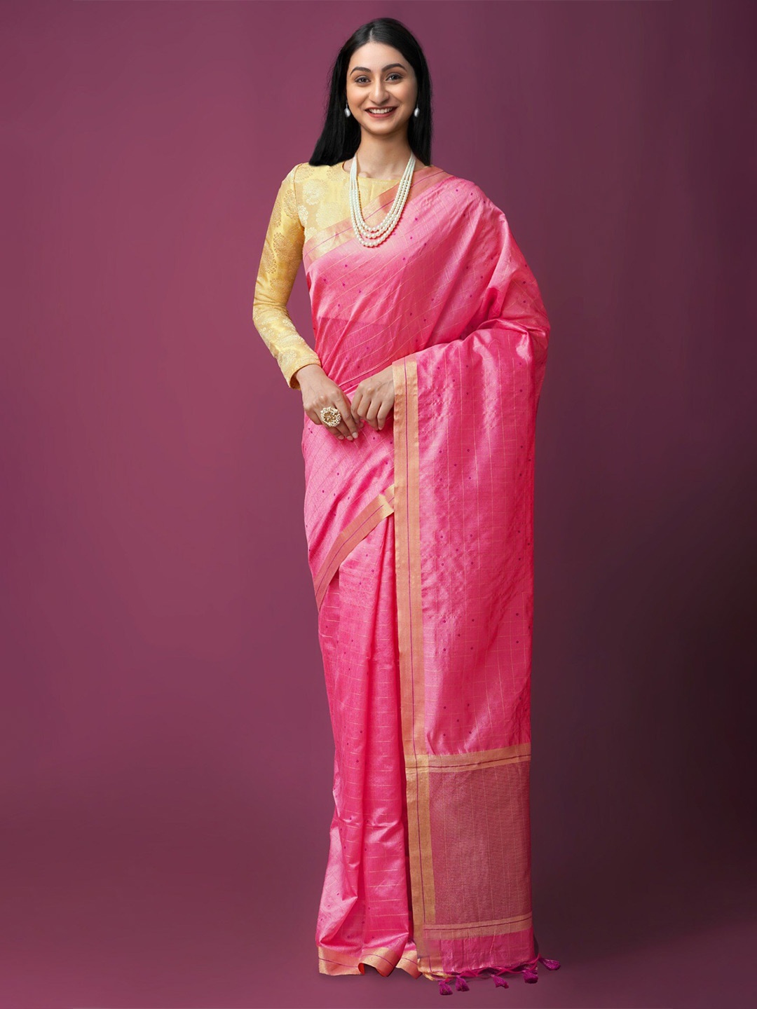 

Unnati Silks Checked Woven Design Zari Muga Saree, Pink