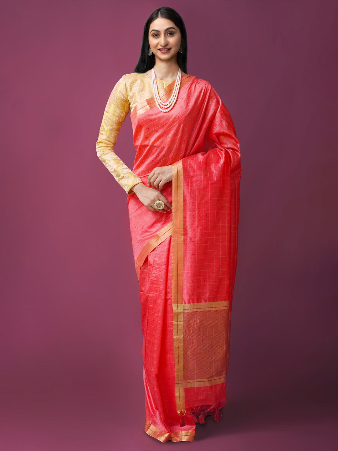 

Unnati Silks Checked Zari Muga Saree, Pink