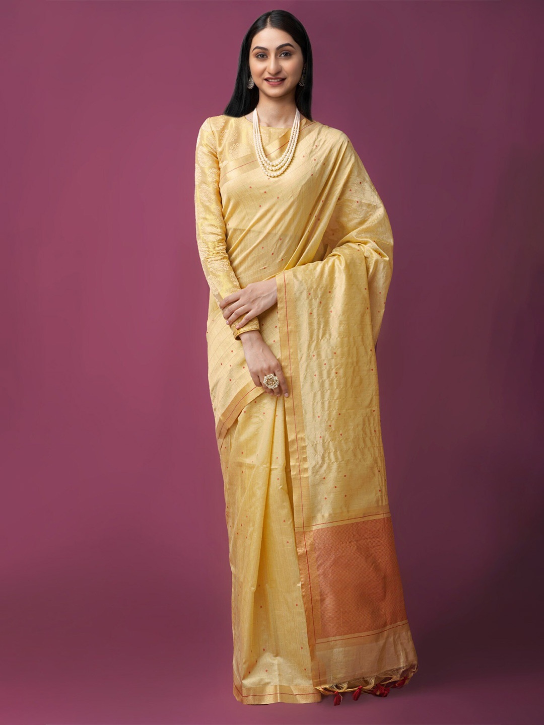 

Unnati Silks Checked Zari Muga Saree, Beige