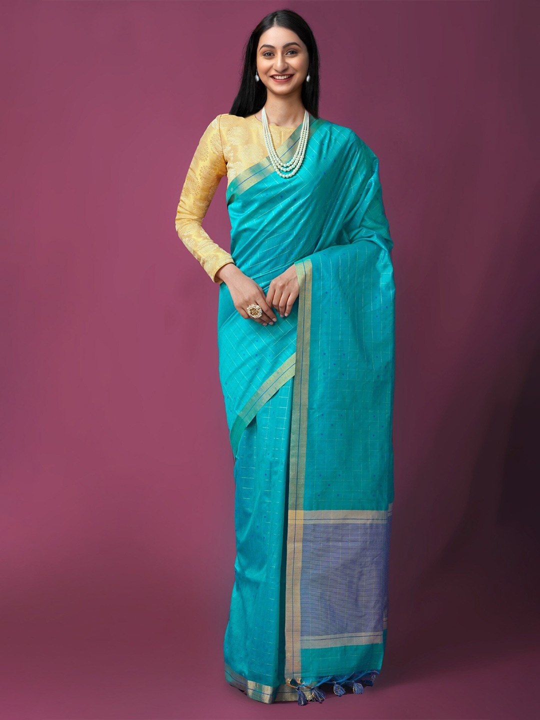 

Unnati Silks Checked Woven Design Zari Muga Saree, Green