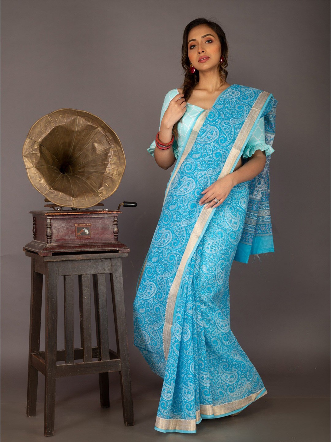 

Unnati Silks Paisley Design Silk Cotton Chanderi Saree, Blue