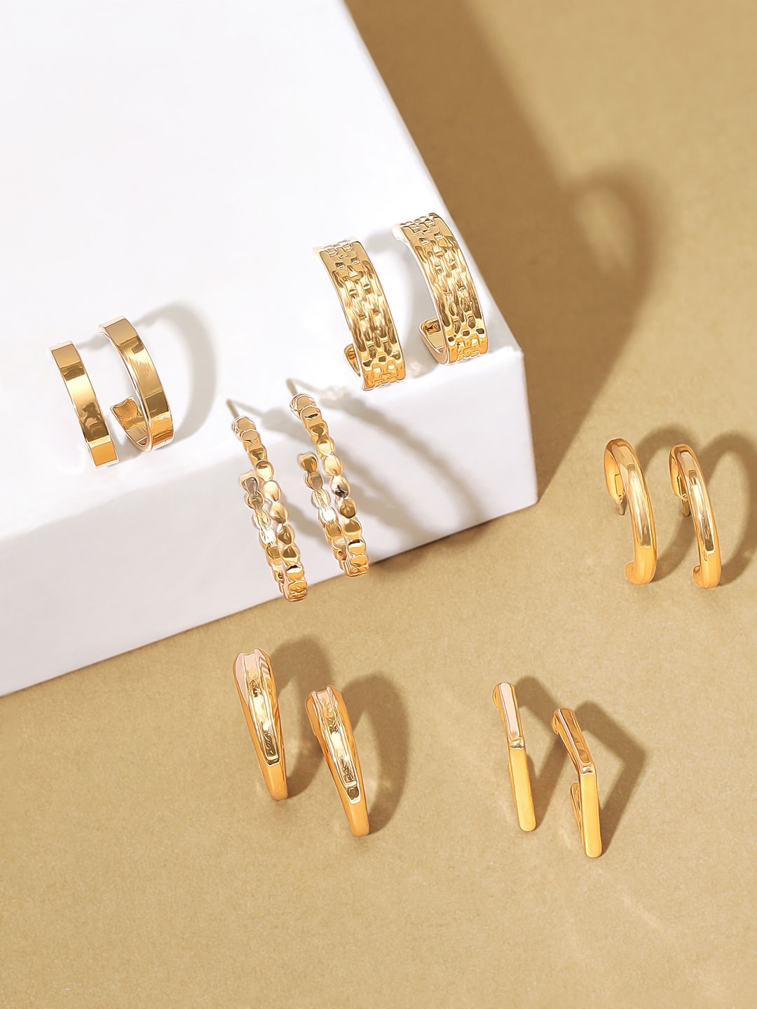 

Rubans Voguish Set of 6 Gold-Plated Geometric Half Hoop Earrings