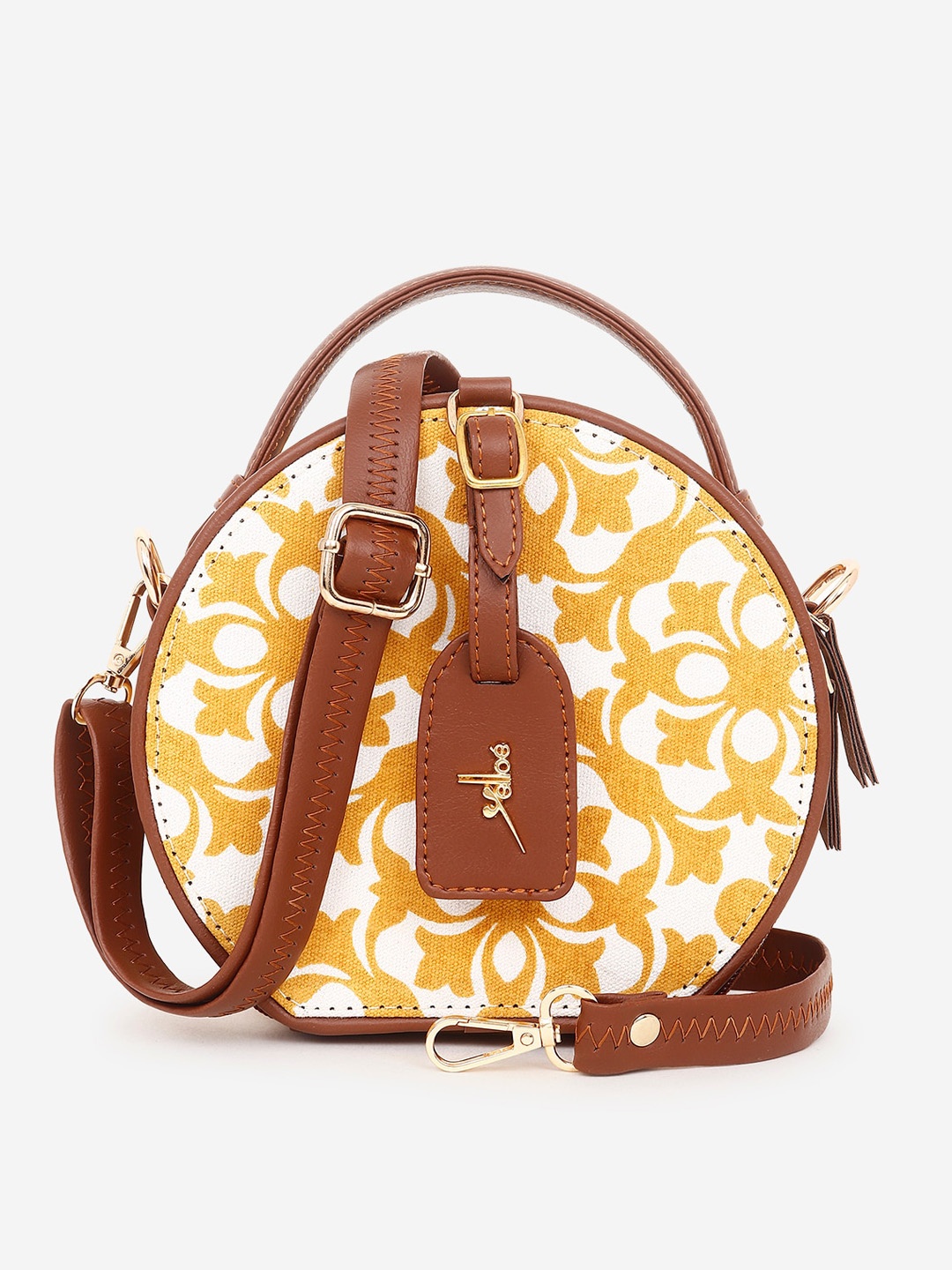 

yelloe Floral Printed Shopper Sling Bag With Tasselled, Yellow
