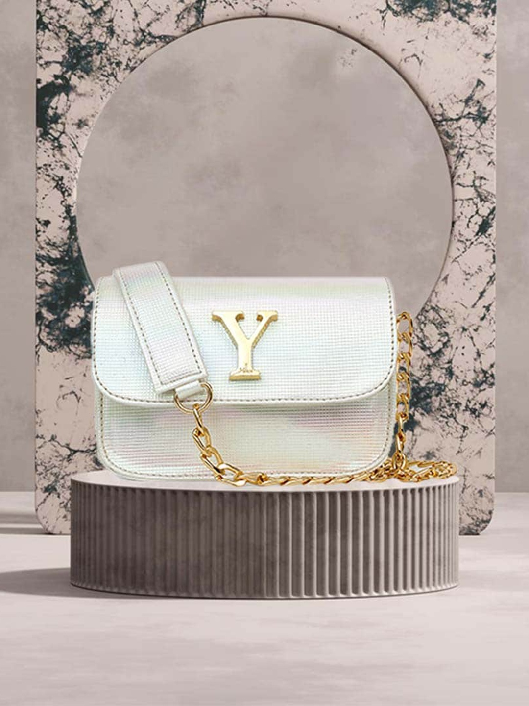 

yelloe Embellished Structured Sling Bag, White