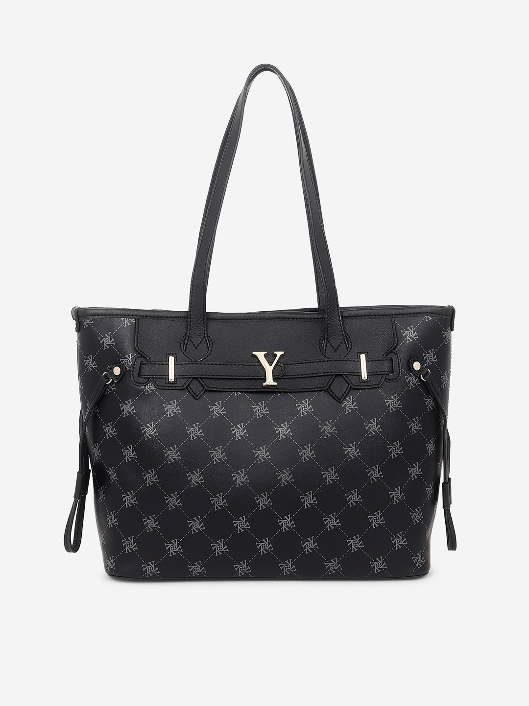

yelloe Iconic logo printed black structured shoulder handbag