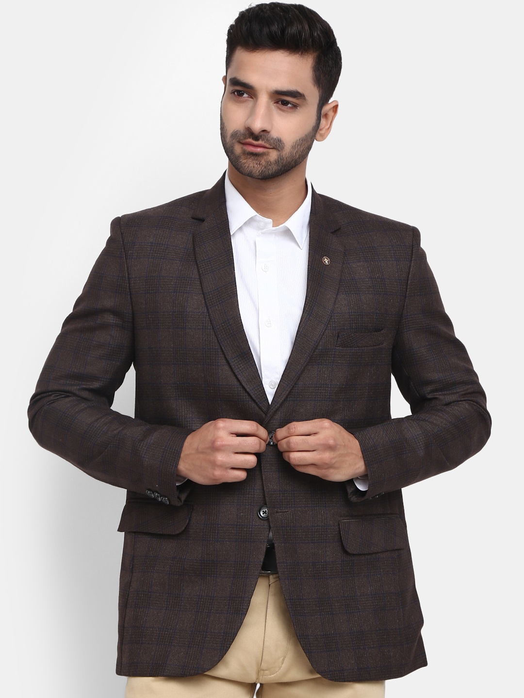 

V-Mart Checked Single-Breasted Casual Blazer, Coffee brown