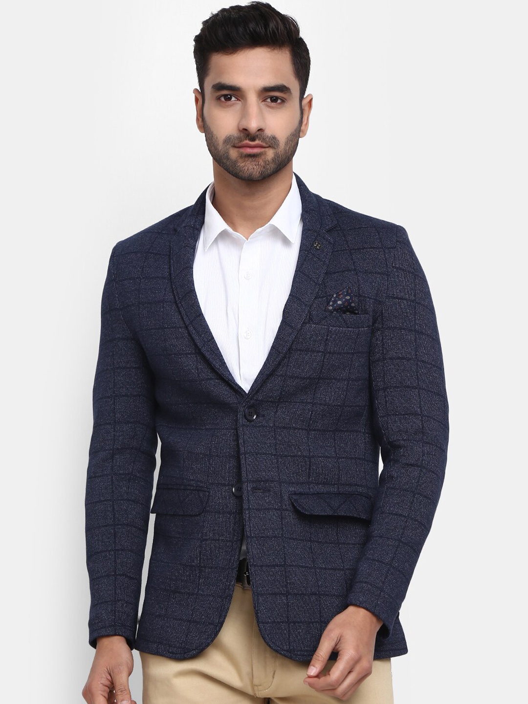 

V-Mart Checked Notched Lapel Single-Breasted Regular Fit Blazer, Navy blue