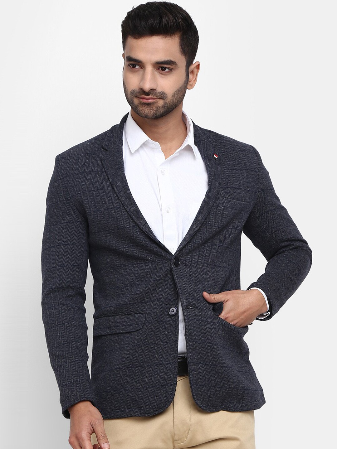 

V-Mart Checked Notched Lapel Single-Breasted Regular Fit Blazer, Blue
