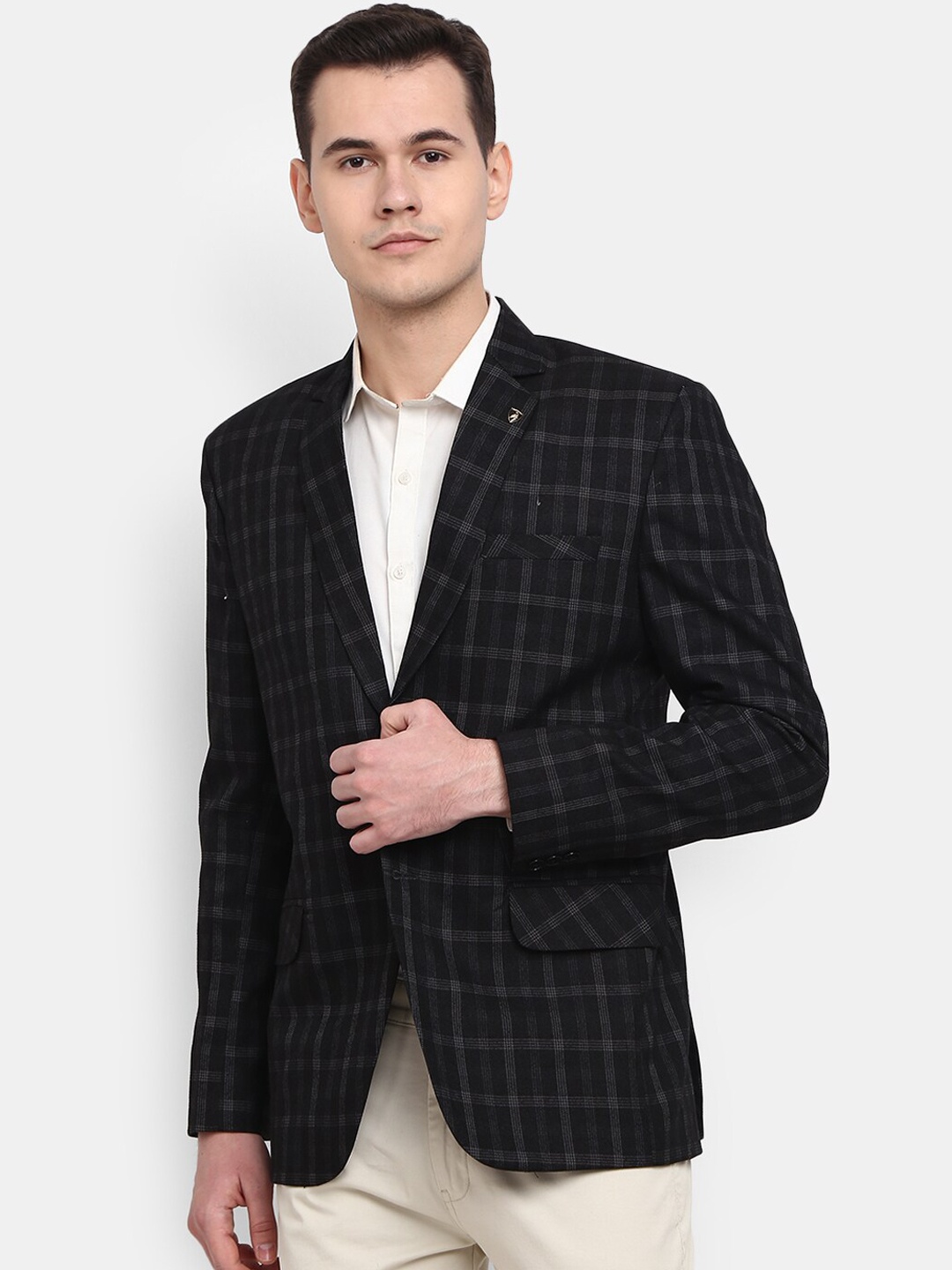 

V-Mart Checked Cotton Single-Breasted Casual Blazers, Black