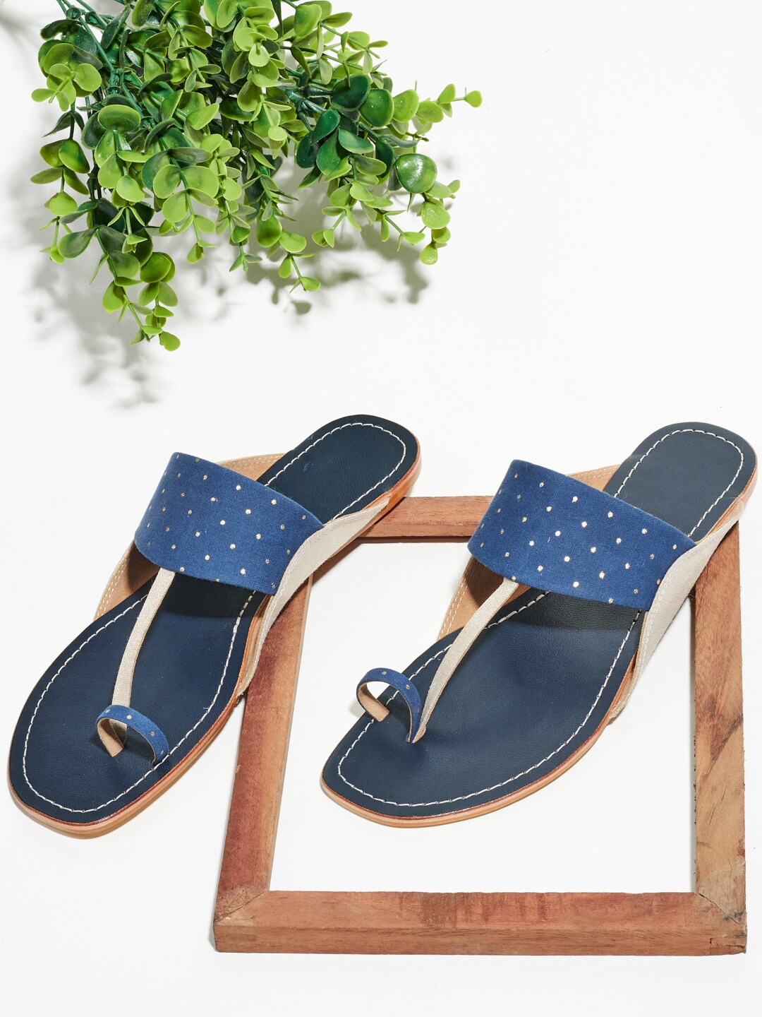 

Fabindia Women Printed Leather Open One Toe Flats, Navy blue