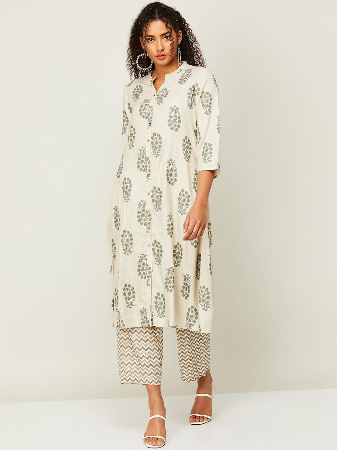 

Melange by Lifestyle Band Collar Floral Printed Straight Kurta with Pyjamas, Beige