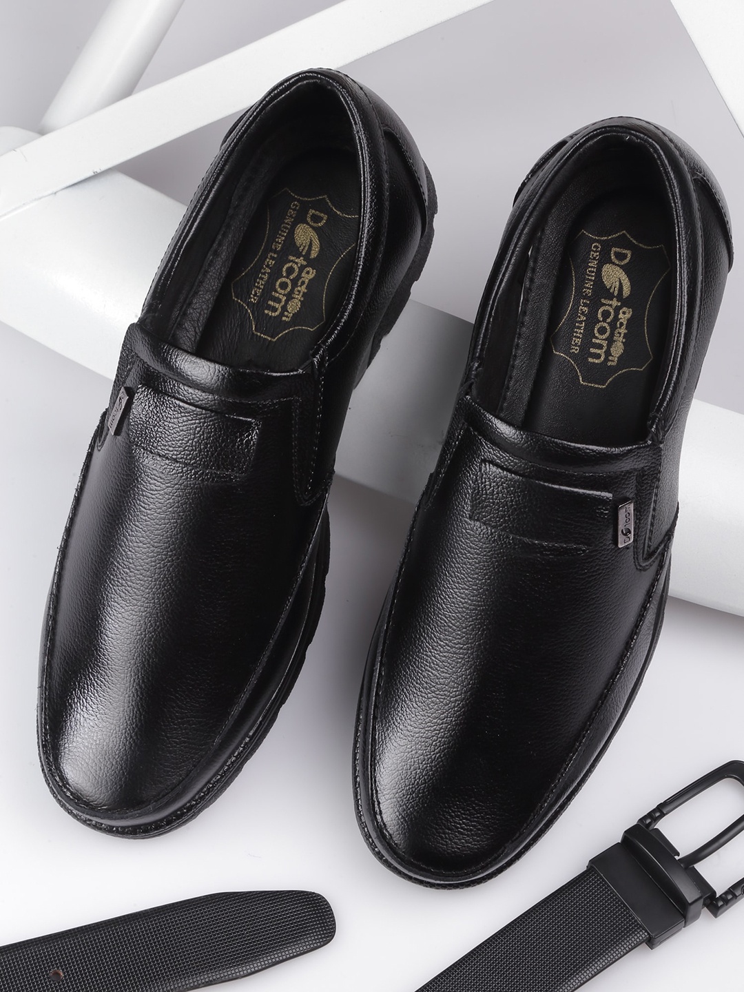 

Action Dotcom Men Textured Genuine Leather Comfort-Fit Formal Slip-On Shoes, Black