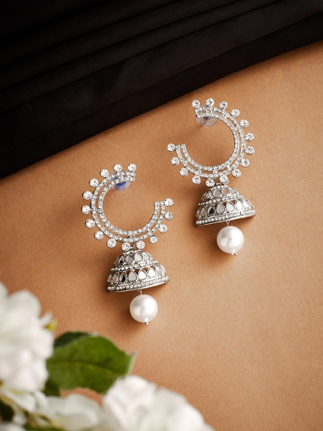 

ATIBELLE Silver-Plated Crescent Shaped Jhumkas Earrings, White