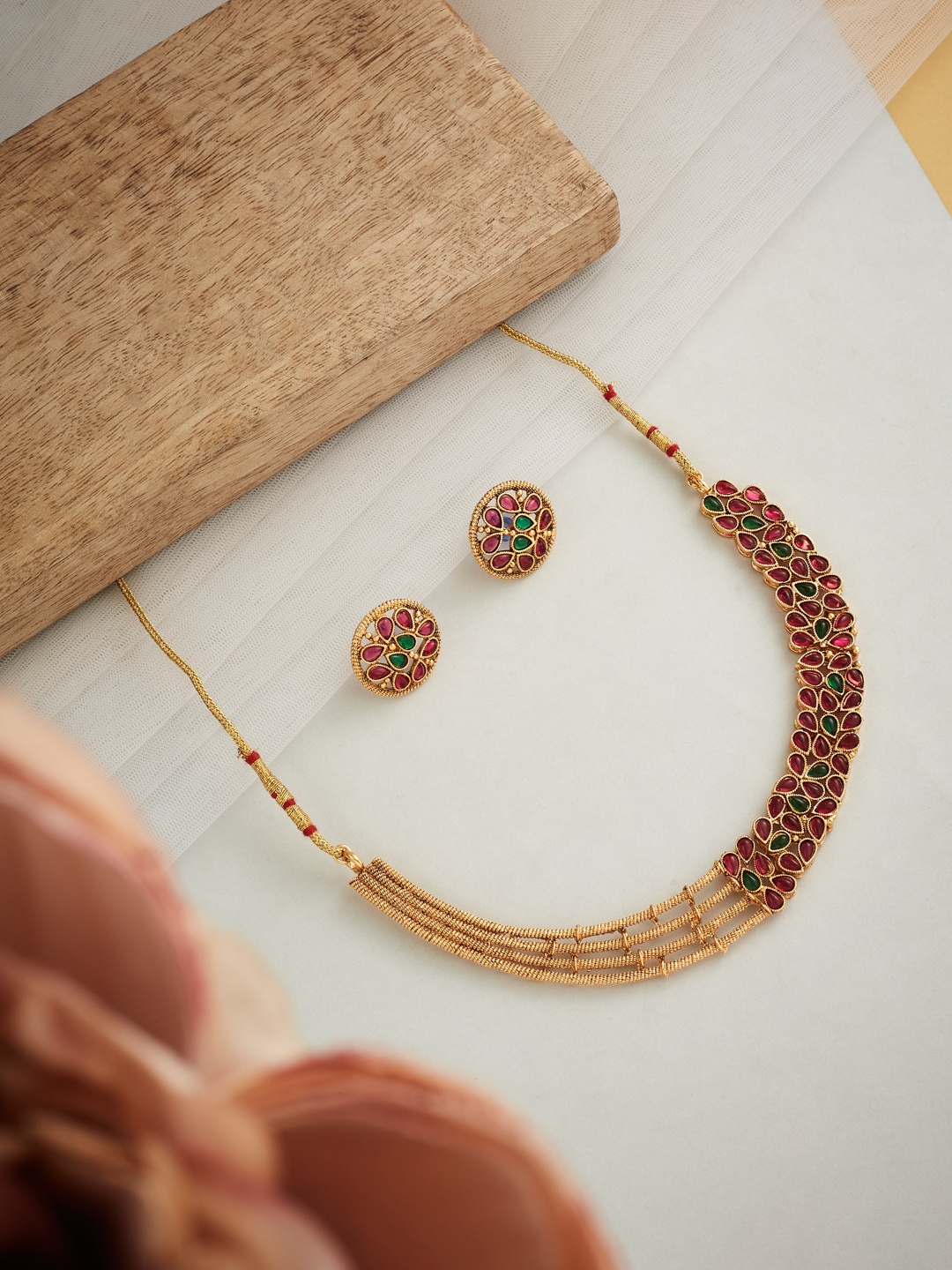 

ATIBELLE Gold-Plated Stone-Studded Jewellery Set, Red