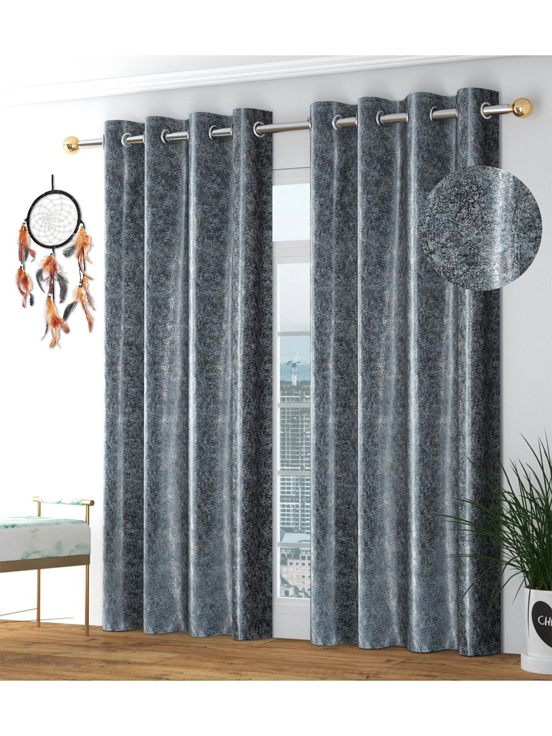 

Bajo's Grey & Silver-Toned Set of 2 Long Door Curtain