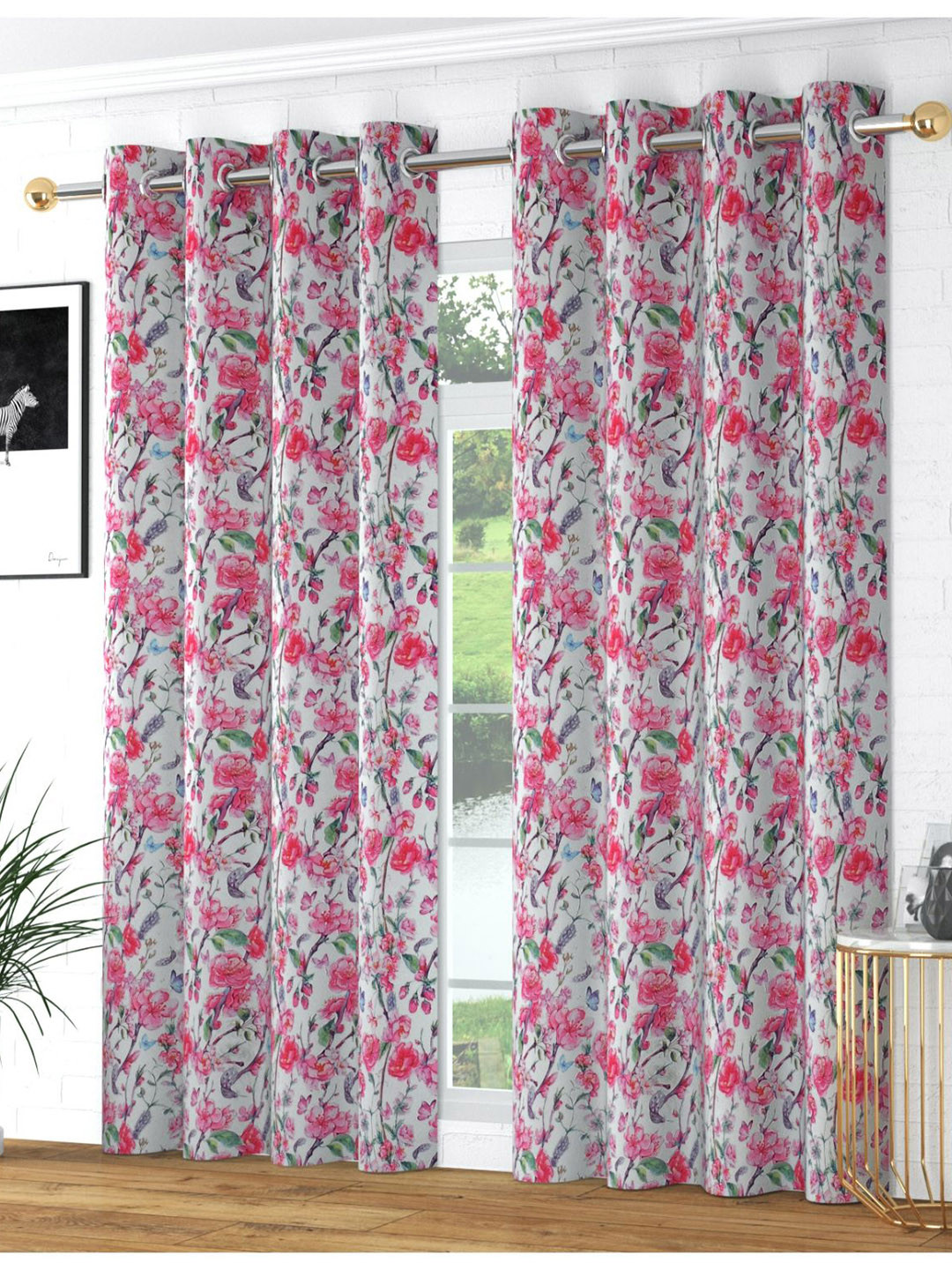 

Bajo's White & Pink Set of 2 Floral Long Door Curtain