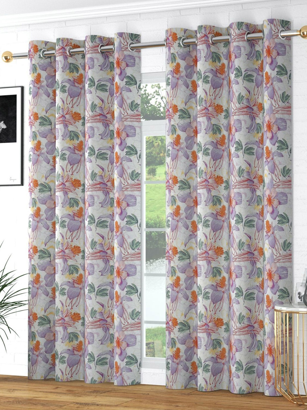 

Bajo's White & Purple 2 Pcs Floral Long Door Curtains