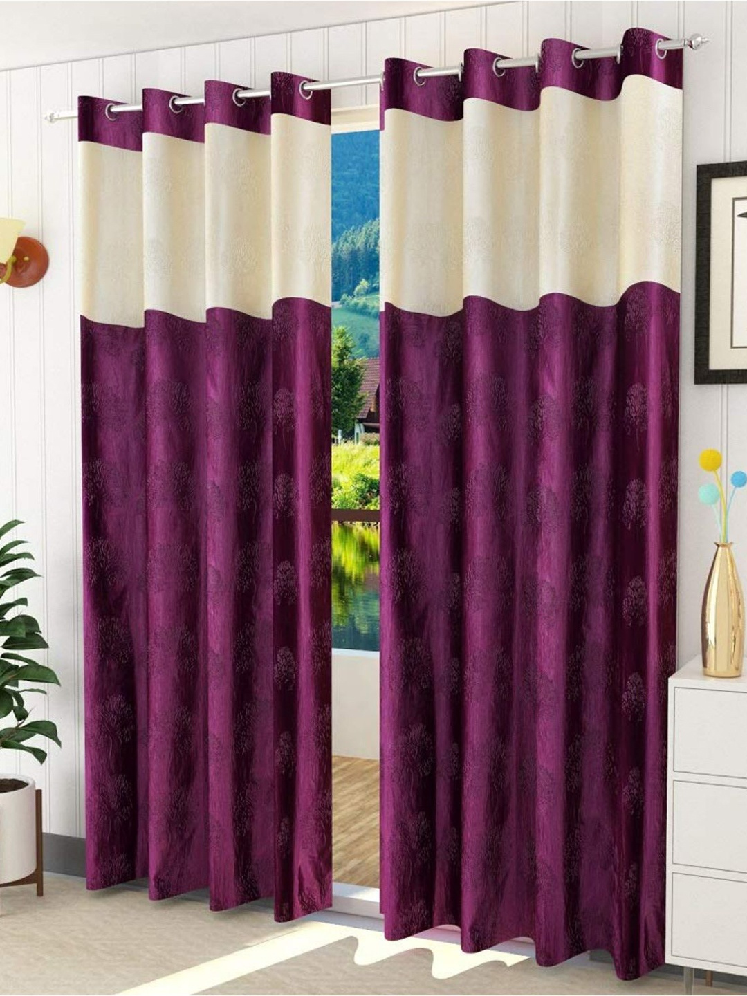 

Bajo's Purple & Cream-Coloured Set of 2 Quirky Long Door Curtain