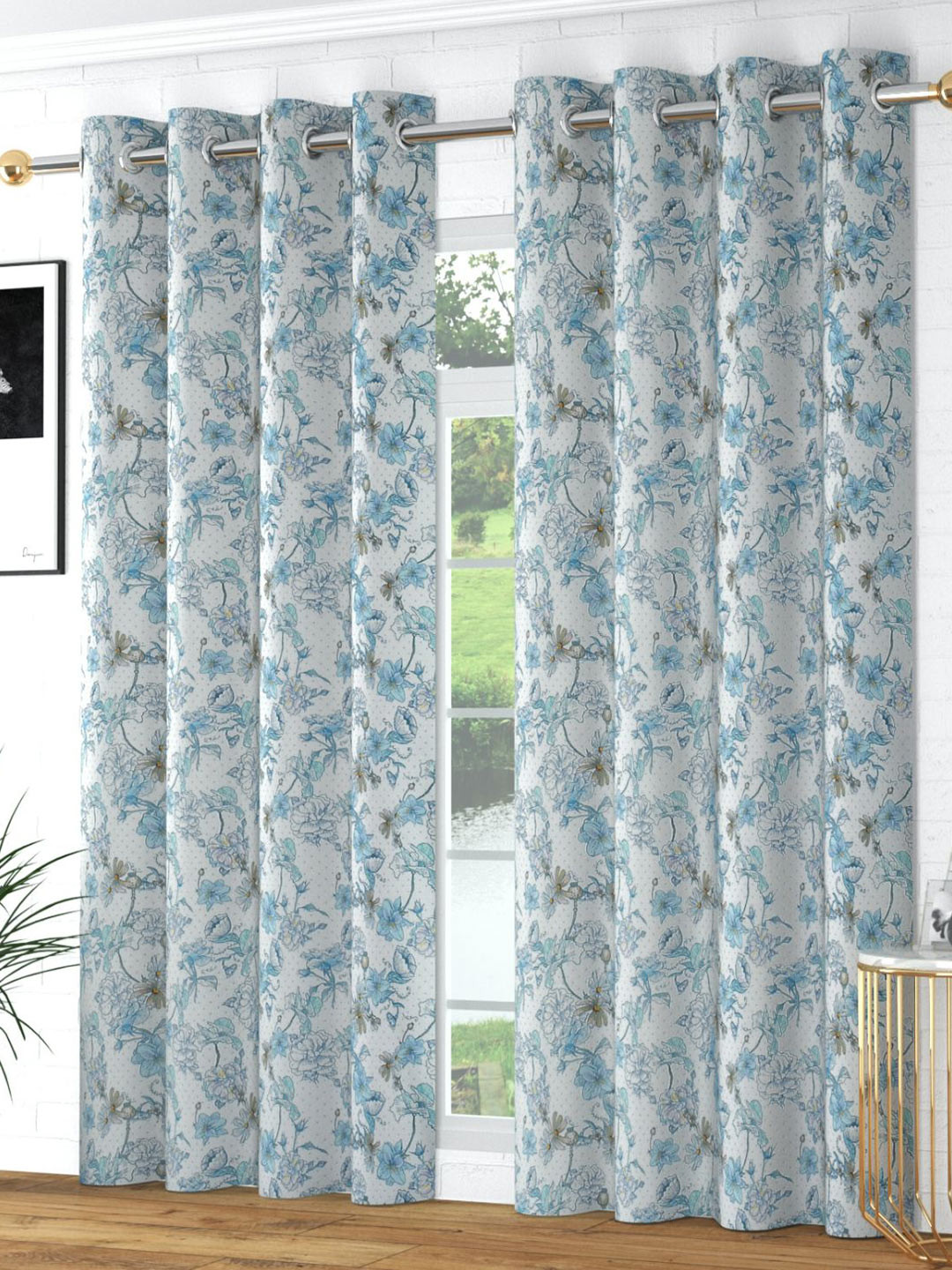 

Bajo's White & Blue 2 Pieces Floral Printed Long Door Curtains